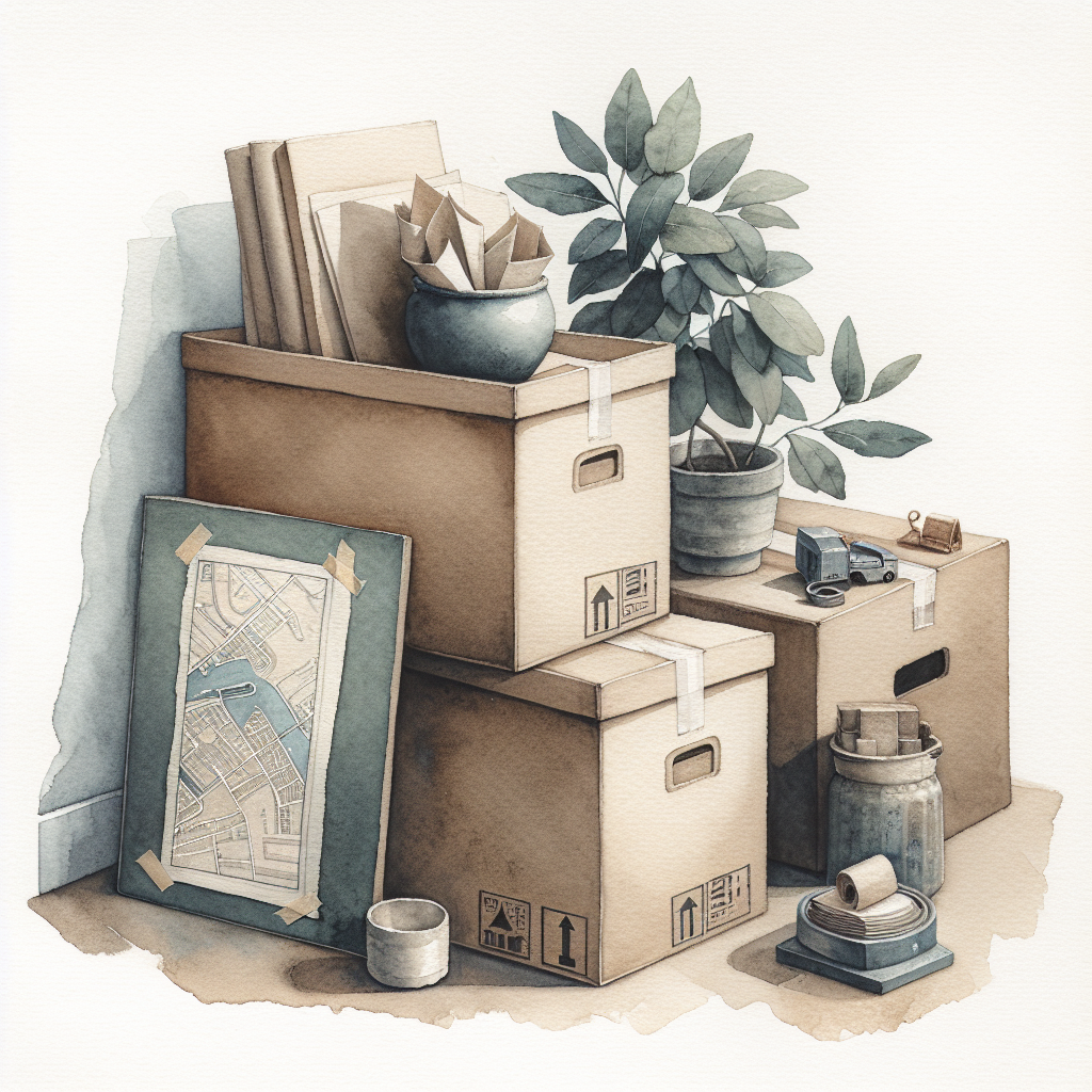 Watercolour illustration in cool off-white, slate mist, eucalyptus sage, and dusty rust tones for the Questions to ask before moving in together pack.