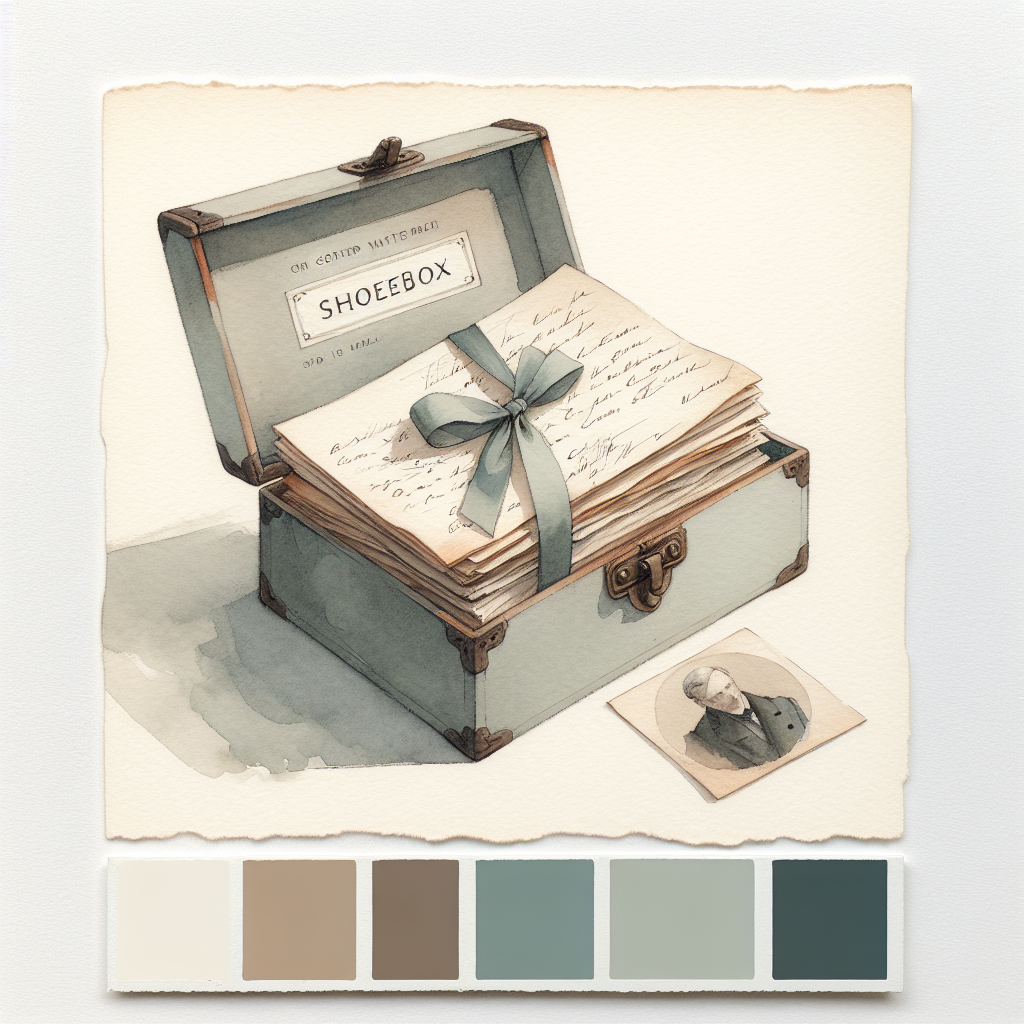 Watercolour illustration in cool off-white, slate mist, eucalyptus sage, and dusty rust tones for the Talking about exes, family, and the years before you pack.