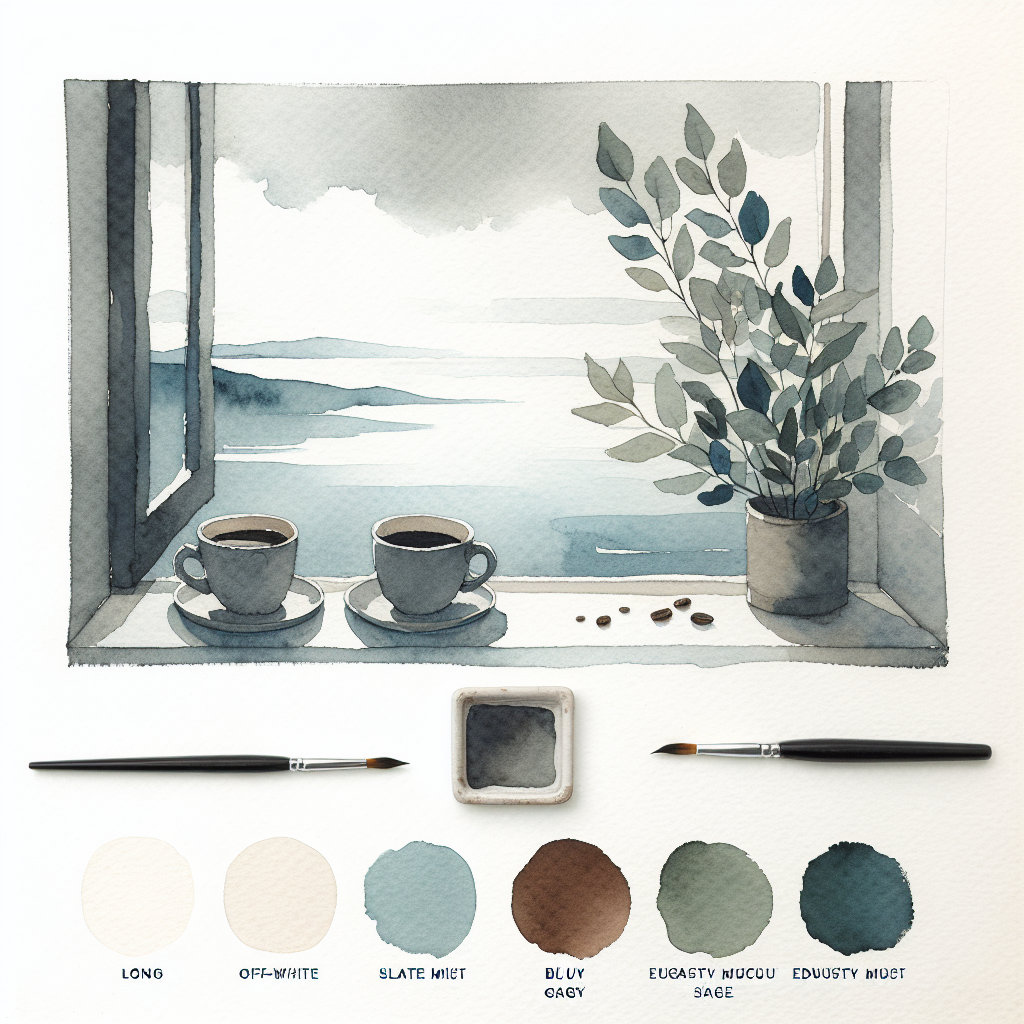 Watercolour illustration in cool off-white, slate mist, eucalyptus sage, and dusty rust tones for the Questions to ask your boyfriend after the first year pack.